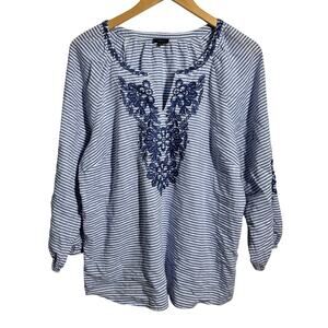 Talbots Top Women L Blue Striped Embroidered Blouse Floral Casual Peasant Coast